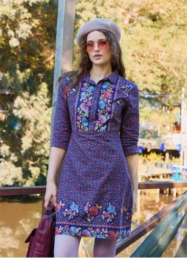 Pink Floral Winter Dress with Shirt Collar and Button Detail 4696