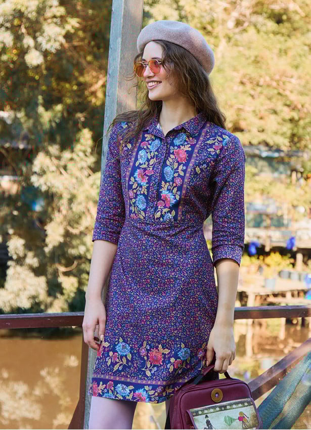 Pink Floral Winter Dress with Shirt Collar and Button Detail 4696