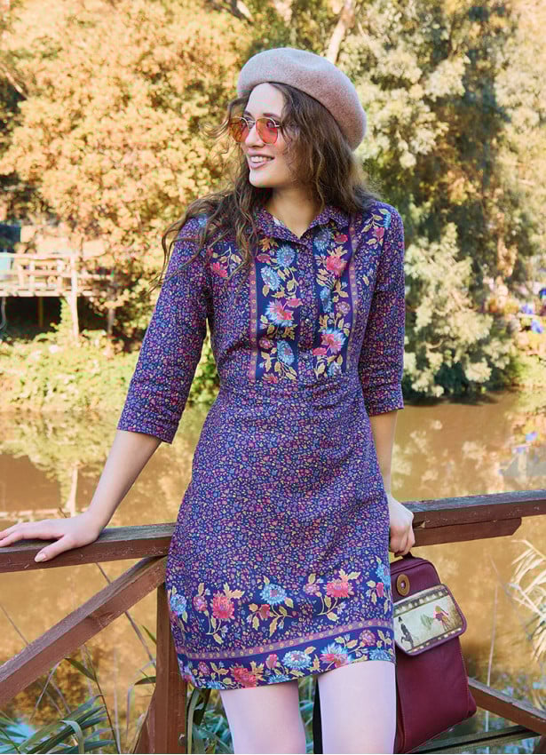 Pink Floral Winter Dress with Shirt Collar and Button Detail 4696