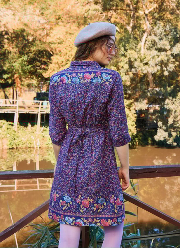 Pink Floral Winter Dress with Shirt Collar and Button Detail 4696