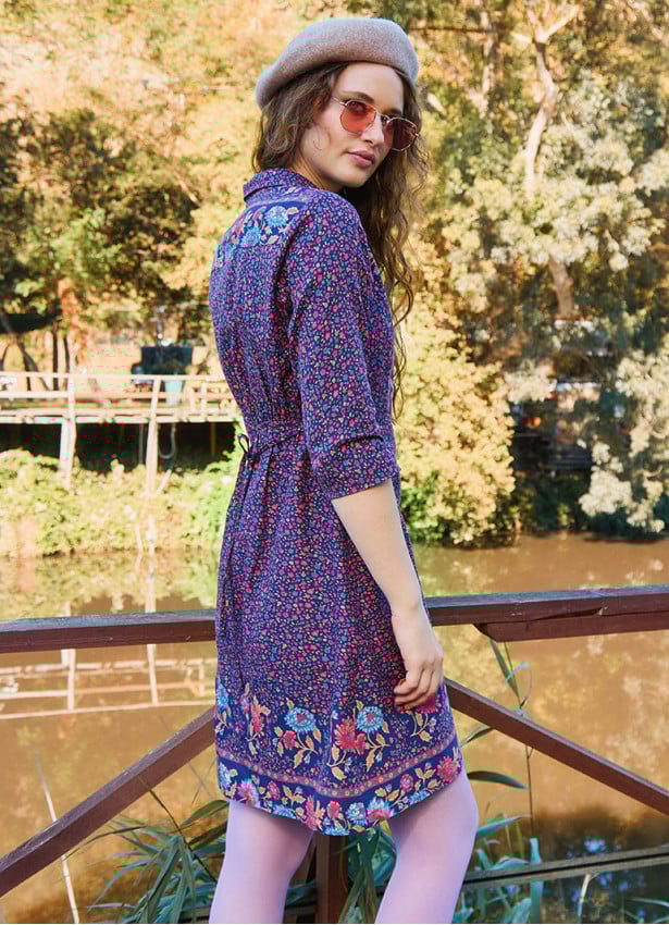 Pink Floral Winter Dress with Shirt Collar and Button Detail 4696