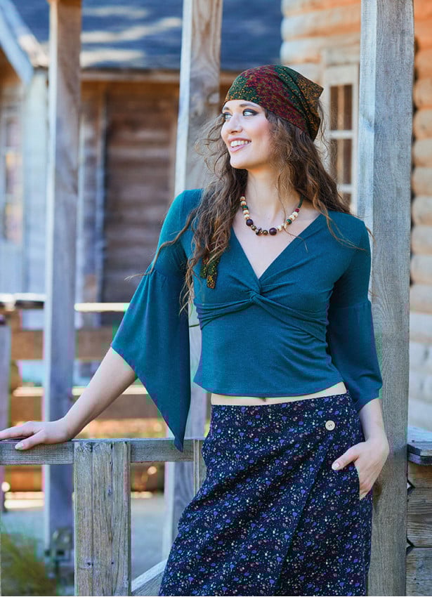 Double Breasted Half Sleeve Green Winter Blouse 4724
