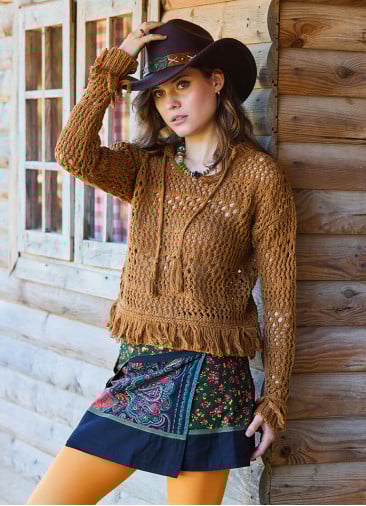 Crew Neck Tasseled Brown Winter Blouse 4742