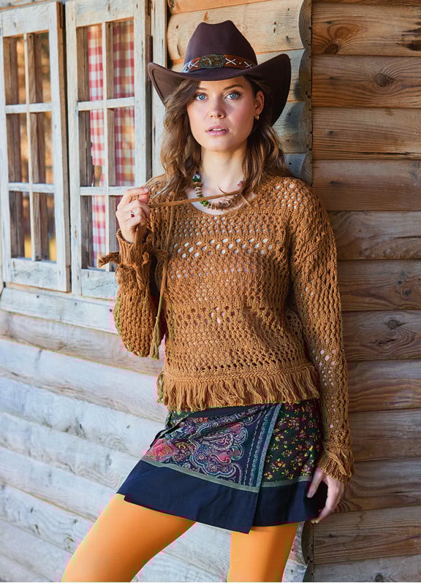 Crew Neck Tasseled Brown Winter Blouse 4742