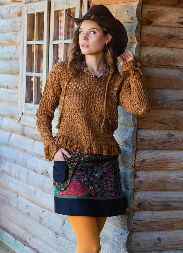 Crew Neck Tasseled Brown Winter Blouse 4742