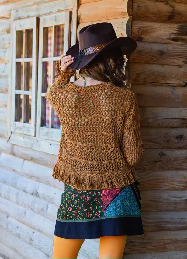 Crew Neck Tasseled Brown Winter Blouse 4742