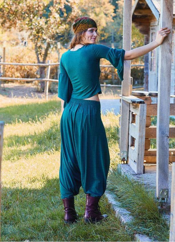 Low Rise Elasticated Crotch Green Womens Casual Trousers 4717