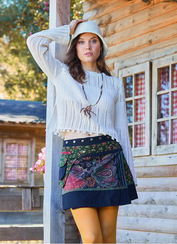 Crew Neck Side Slit Ecru Winter Blouse 4753