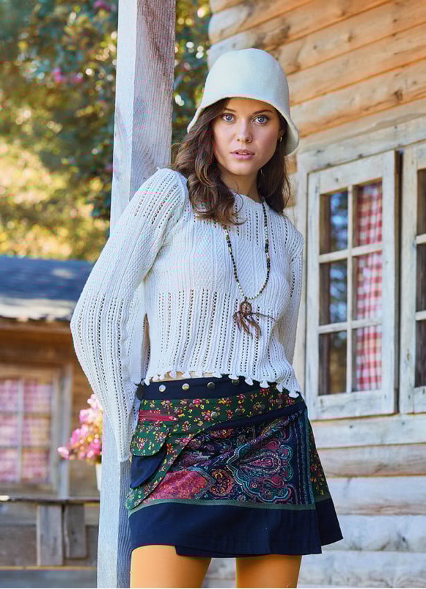 Crew Neck Side Slit Ecru Winter Blouse 4753