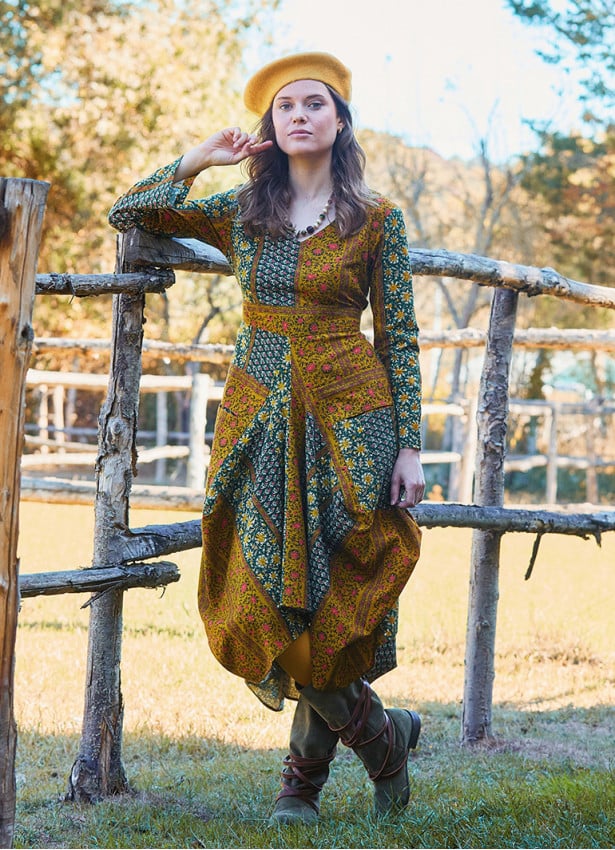 V Neck Belt Detailed Green Floral Dress with Pockets 4741