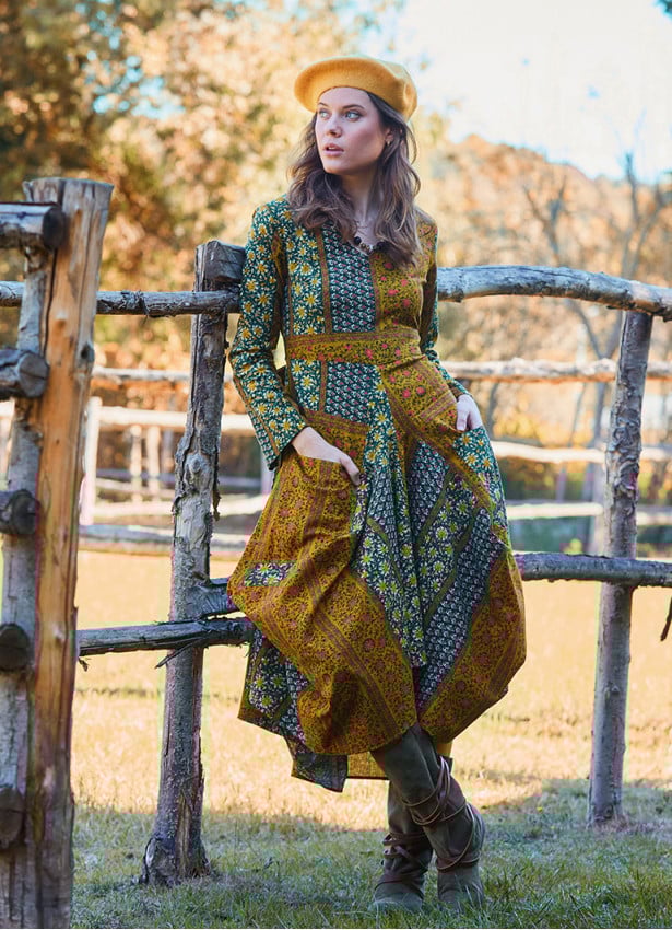 V Neck Belt Detailed Green Floral Dress with Pockets 4741