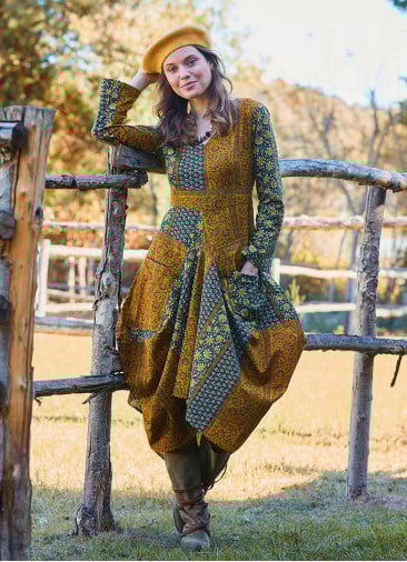 V Neck Belt Detailed Green Floral Dress with Pockets 4741