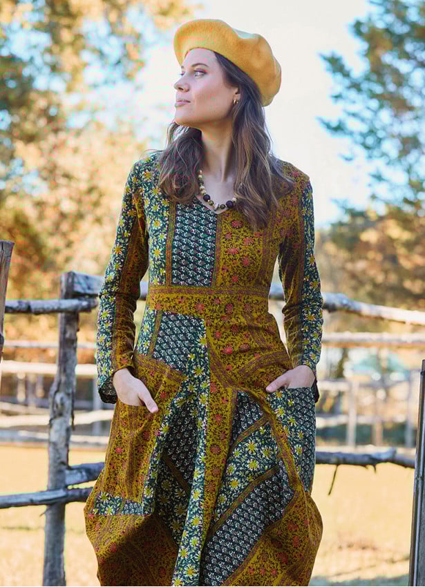 V Neck Belt Detailed Green Floral Dress with Pockets 4741