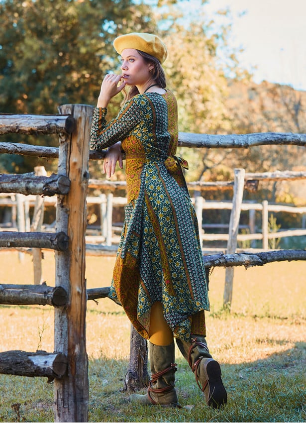 V Neck Belt Detailed Green Floral Dress with Pockets 4741
