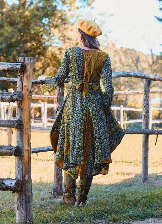 V Neck Belt Detailed Green Floral Dress with Pockets 4741