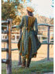 V Neck Belt Detailed Green Floral Dress with Pockets 4741
