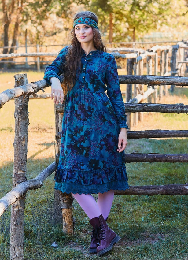 Button Detailed Lace Blue Patterned Long Sleeve Dress 4734