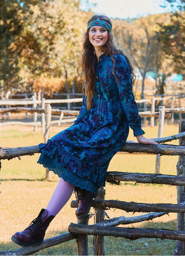 Button Detailed Lace Blue Patterned Long Sleeve Dress 4734