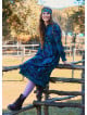 Button Detailed Lace Blue Patterned Long Sleeve Dress 4734