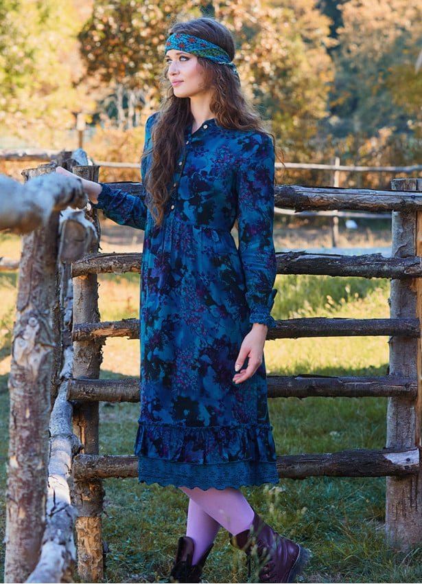Button Detailed Lace Blue Patterned Long Sleeve Dress 4734