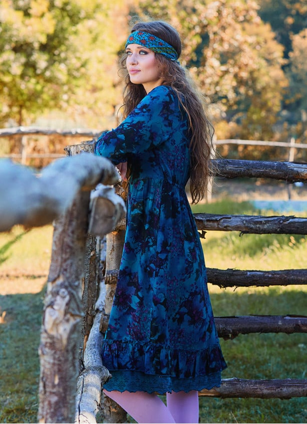 Button Detailed Lace Blue Patterned Long Sleeve Dress 4734