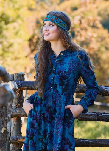 Button Detailed Lace Blue Patterned Long Sleeve Dress 4734