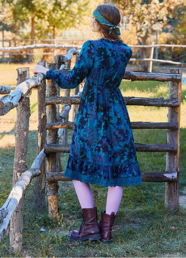 Button Detailed Lace Blue Patterned Long Sleeve Dress 4734
