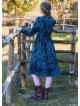 Button Detailed Lace Blue Patterned Long Sleeve Dress 4734