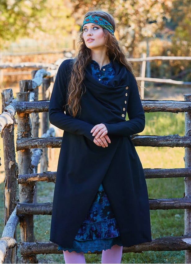 Hooded Black Bohemian Cardigan with Thumbhole Button Detail 4693