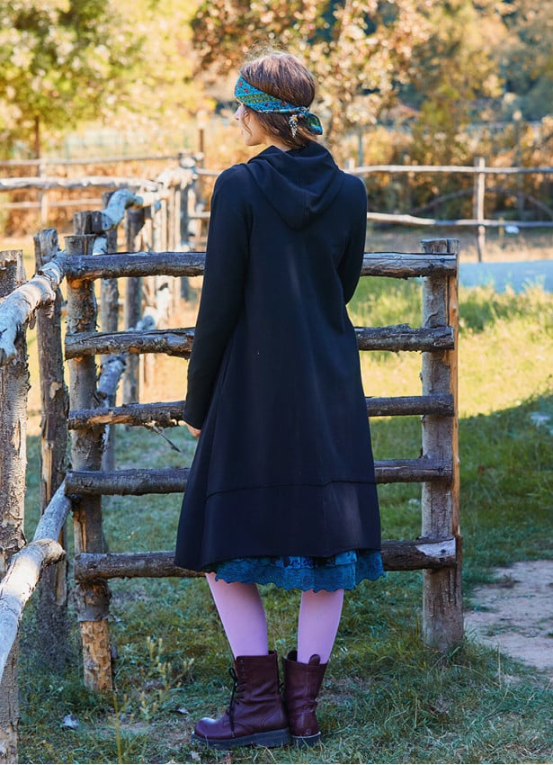 Hooded Black Bohemian Cardigan with Thumbhole Button Detail 4693