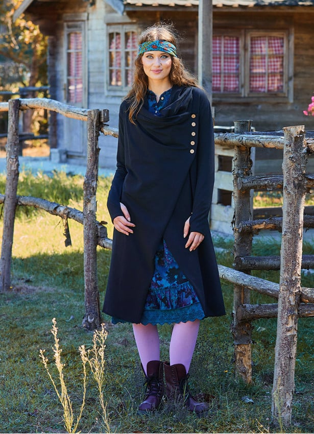 Hooded Black Bohemian Cardigan with Thumbhole Button Detail 4693