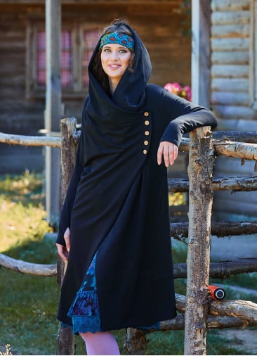 Hooded Black Bohemian Cardigan with Thumbhole Button Detail 4693