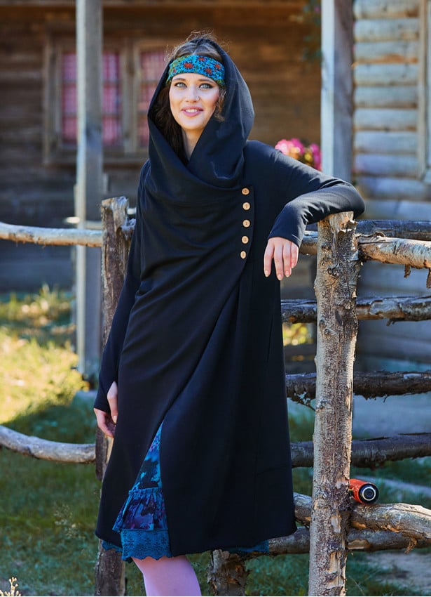 Hooded Black Bohemian Cardigan with Thumbhole Button Detail 4693