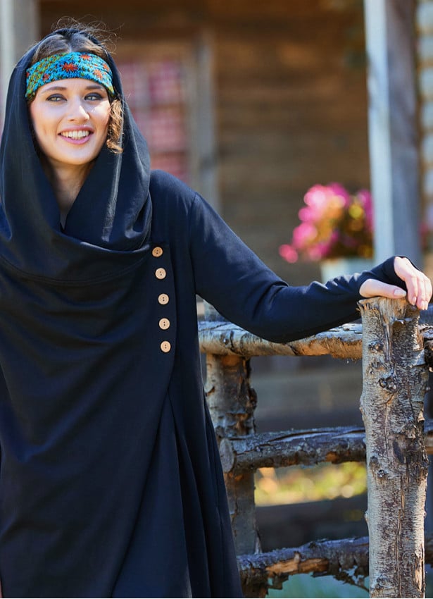 Hooded Black Bohemian Cardigan with Thumbhole Button Detail 4693