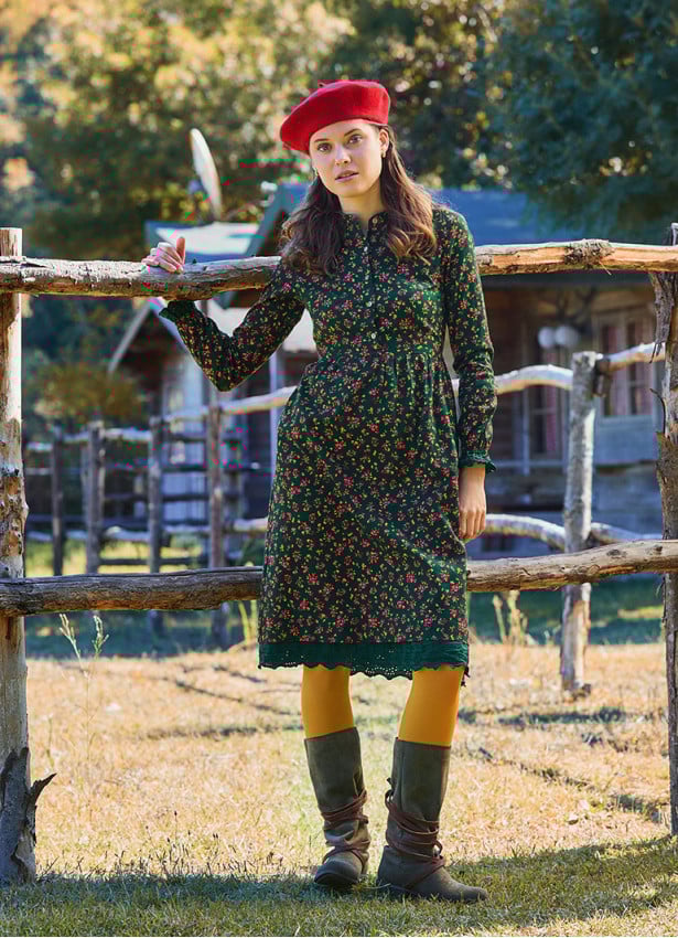 Grandad Collar Elastic Waist Lace Green Floral Dress 4730