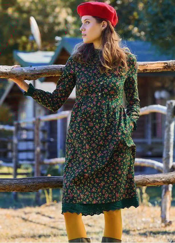 Grandad Collar Elastic Waist Lace Green Floral Dress 4730