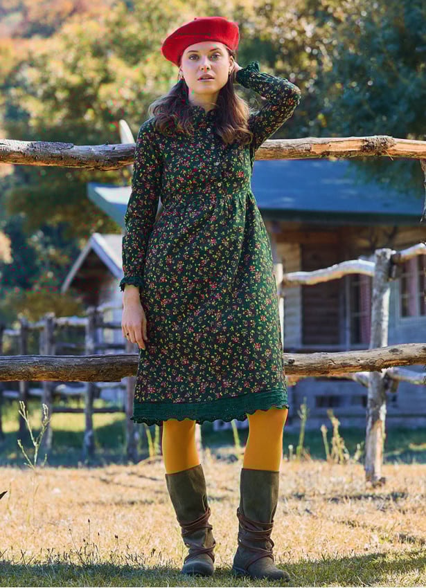 Grandad Collar Elastic Waist Lace Green Floral Dress 4730
