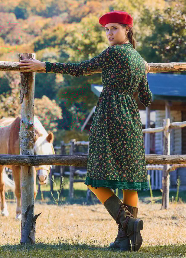 Grandad Collar Elastic Waist Lace Green Floral Dress 4730