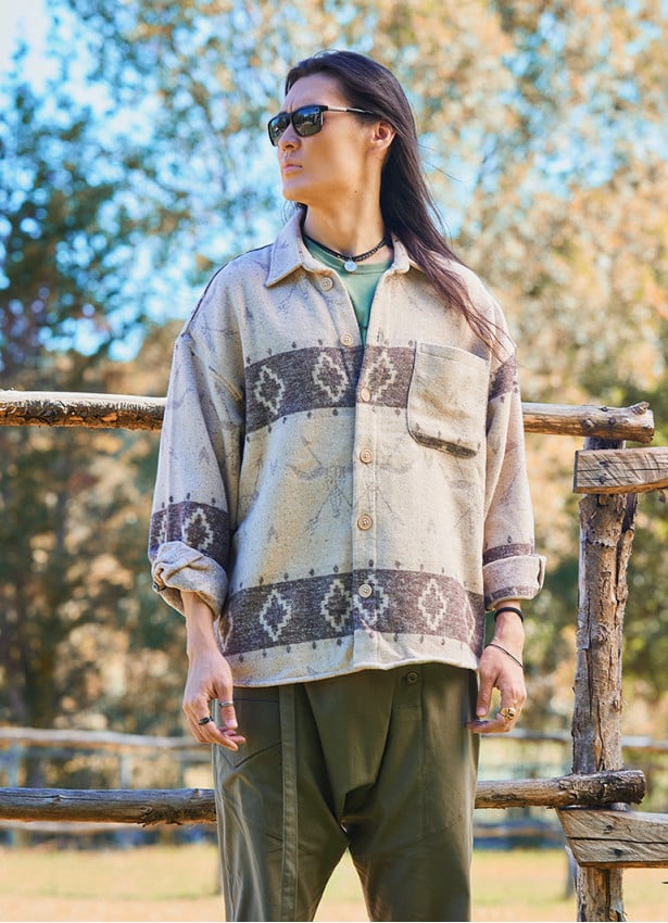 Relaxed Cut Long Sleeve Coffee Patterned Mens Shirt 4766