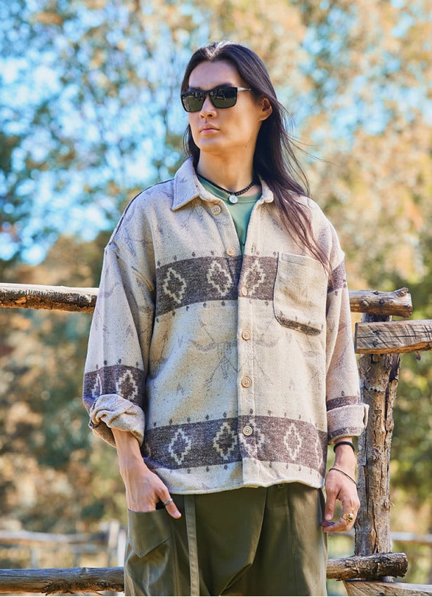 Relaxed Cut Long Sleeve Coffee Patterned Mens Shirt 4766