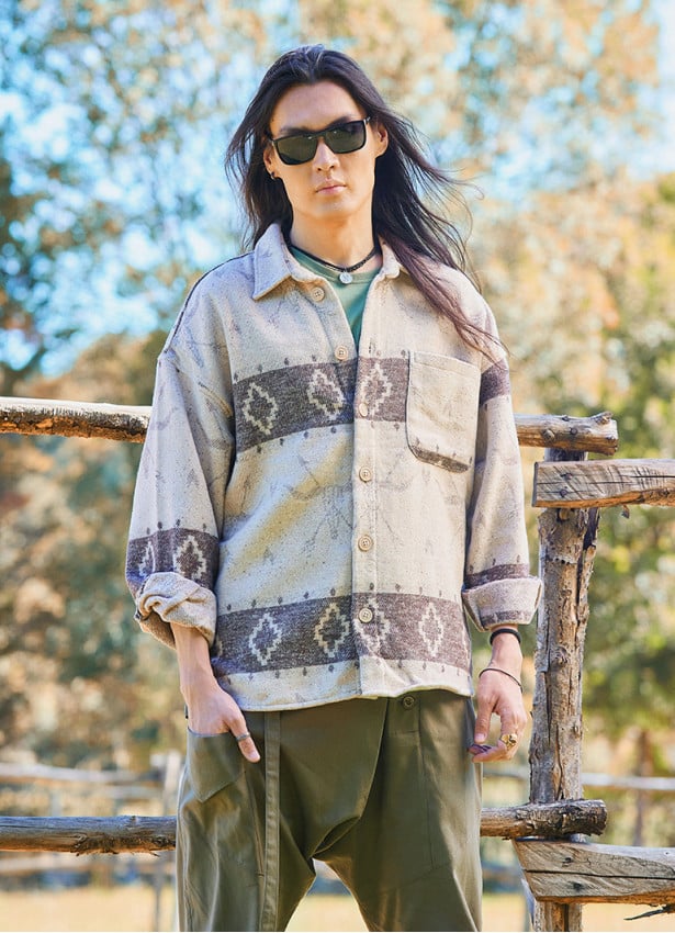 Relaxed Cut Long Sleeve Coffee Patterned Mens Shirt 4766