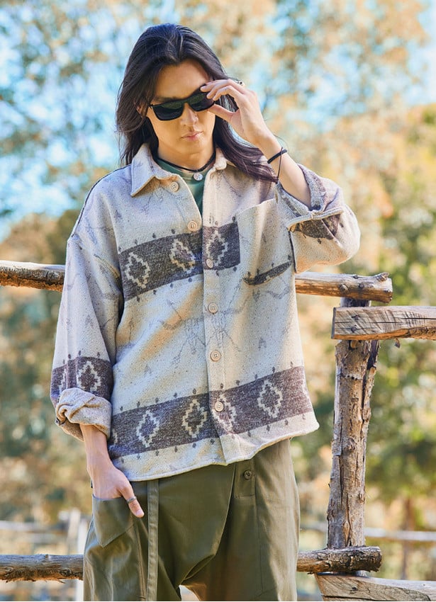 Relaxed Cut Long Sleeve Coffee Patterned Mens Shirt 4766