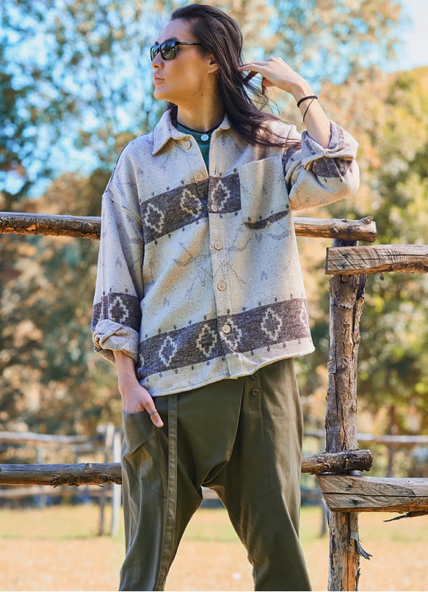 Relaxed Cut Long Sleeve Coffee Patterned Mens Shirt 4766