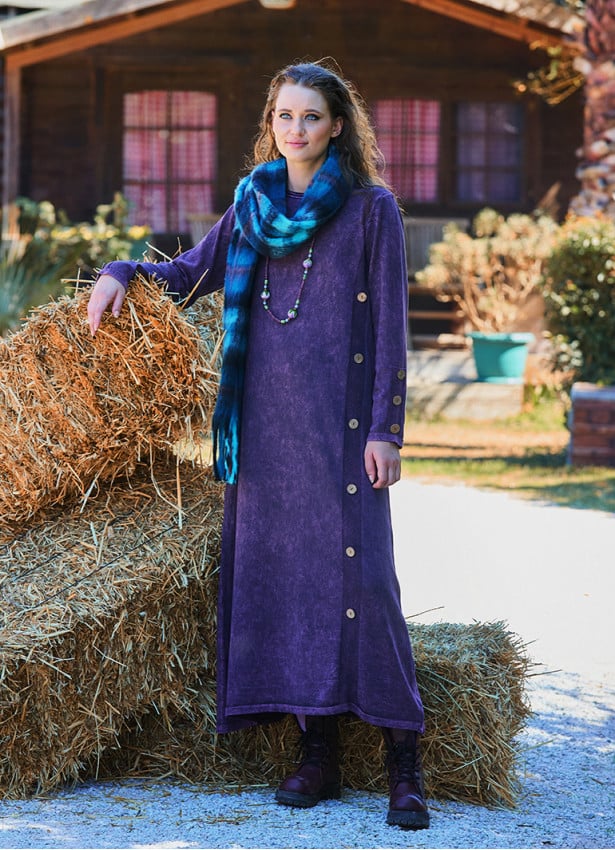 Crew Neck Button Detailed Plum Long Sleeve Dress 4761