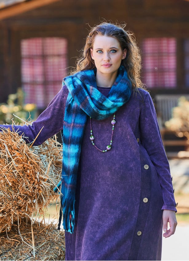 Crew Neck Button Detailed Plum Long Sleeve Dress 4761