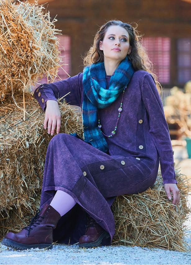 Crew Neck Button Detailed Plum Long Sleeve Dress 4761