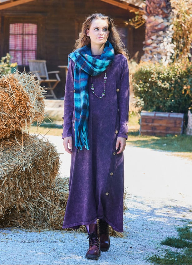 Crew Neck Button Detailed Plum Long Sleeve Dress 4761