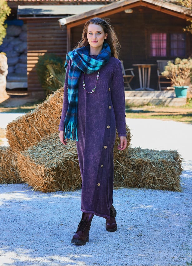 Crew Neck Button Detailed Plum Long Sleeve Dress 4761