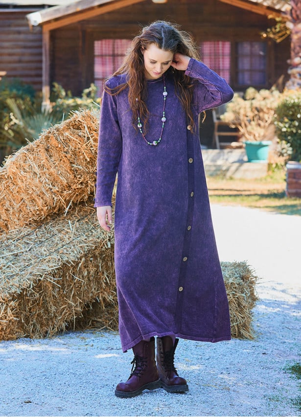 Crew Neck Button Detailed Plum Long Sleeve Dress 4761