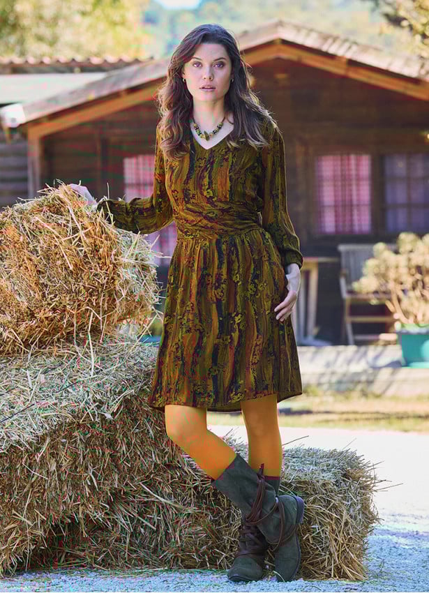 V Neck Draped Belt Detailed Khaki Long Sleeve Dress 4704